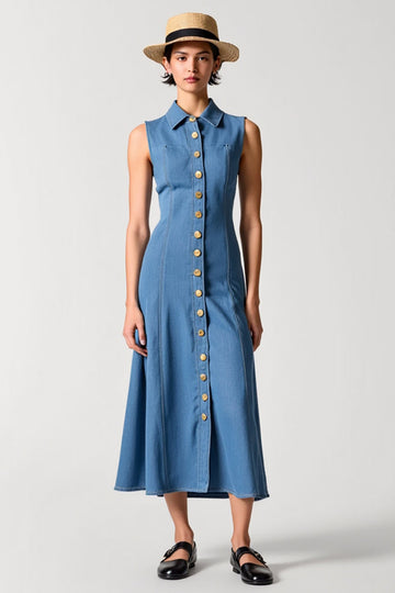Col polo bleu Robe en denim une ligne avec boutons